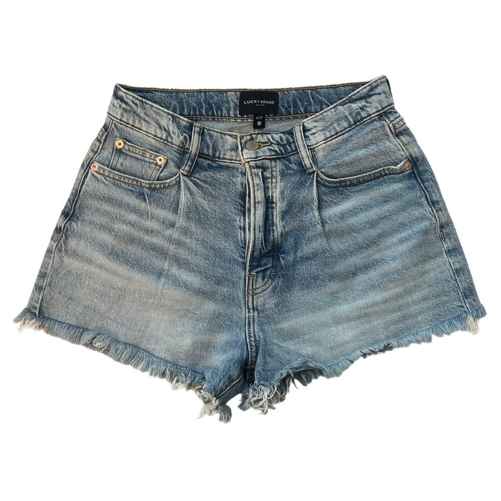 Lucky Brand Pleated High Rise Mom Jean Shorts Raw Hem Denim Sz 4/27